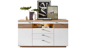 Sideboard MIVIVO aus Holz in Weiß MIVIVO Wohnprogramm Fresno - Sideboard Mattweiß & Artisan Eiche - zwei Türen, drei Schubladen, Breite ca. 175 cm