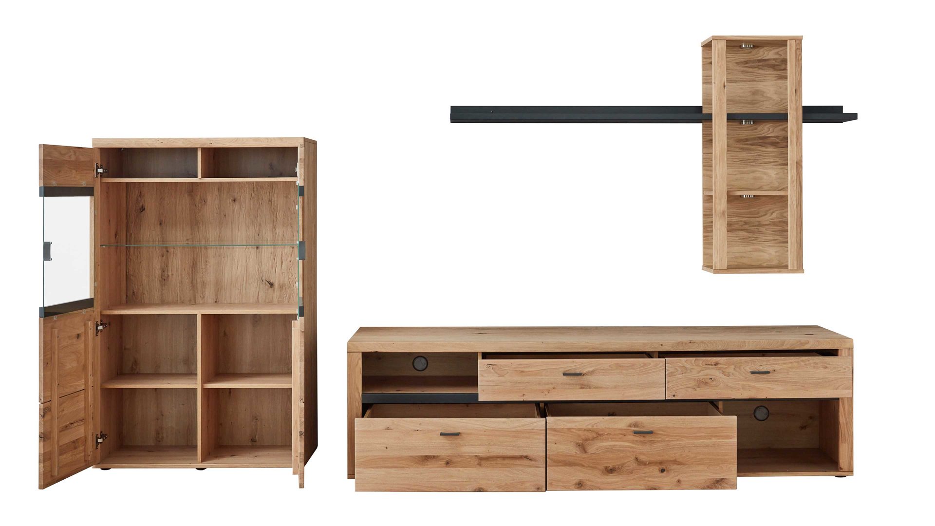 Wohnwand Ideal möbel aus Holz in Holzfarben Wohnprogramm Varas - Wohnwand Eiche & Asteiche & Grau