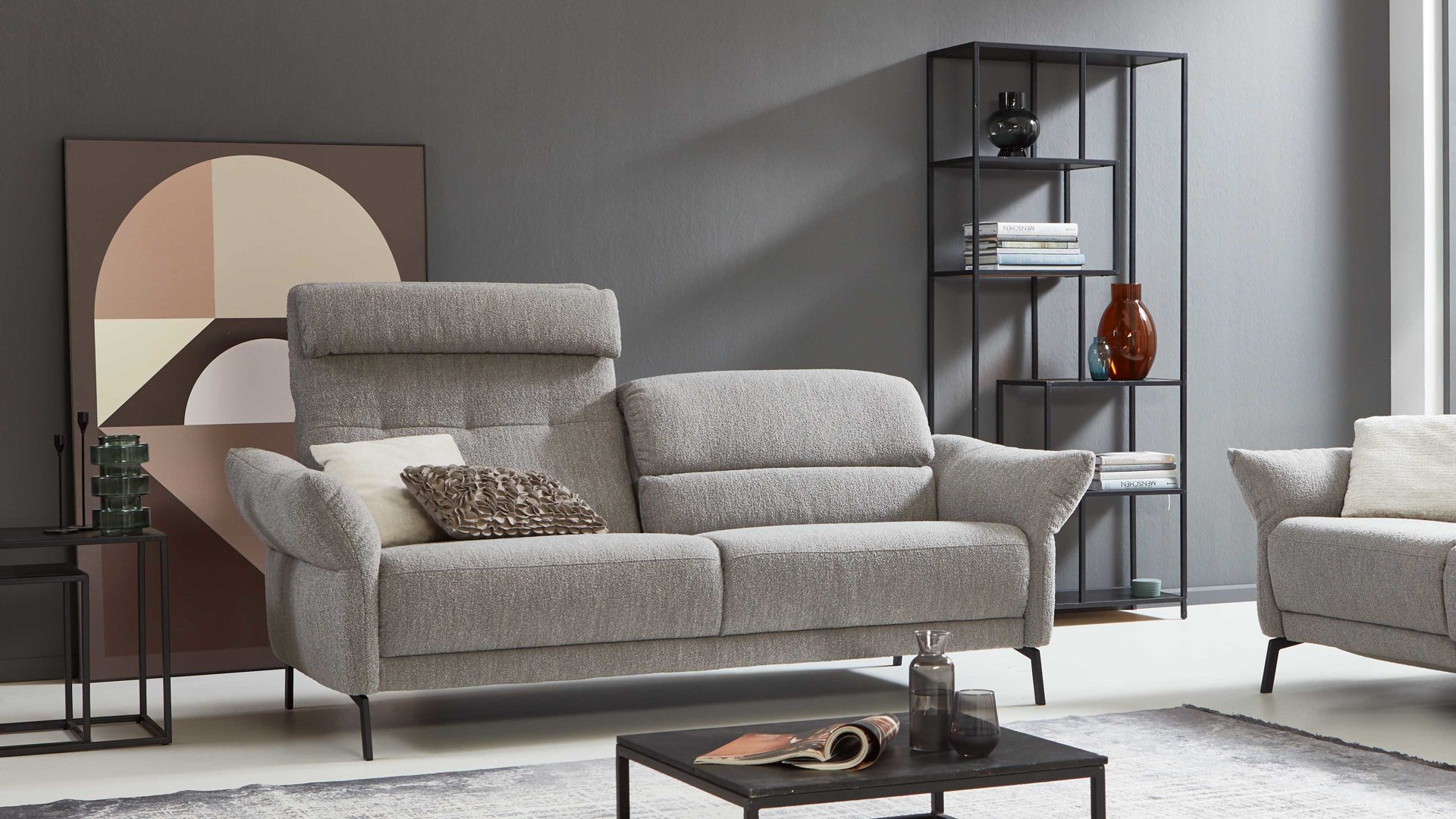 Dreisitzer COMFORT SMART aus Stoff in Hellgrau COMFORT SMART Serie Fenja - Dreisitzer silberfarbener Strukturstoff Loop & schwarze Metallfüße 346 - Länge ca. 212 cm