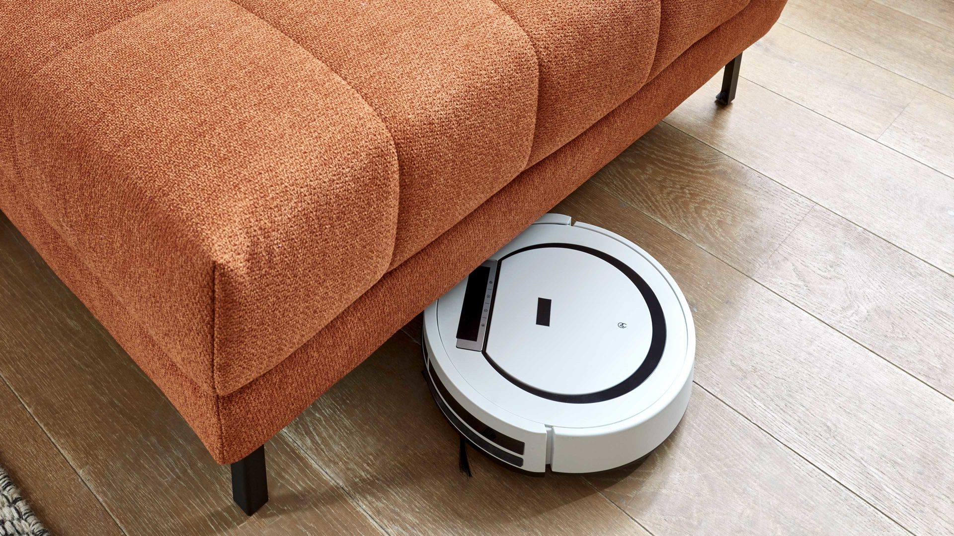 Ecksofa KAWOO aus Stoff in Orange KAWOO Serie 7567 - Ecksofa Signal-oranger Strukturstoff TCM 727 & schwarze Metallfüße S17 - ca. 293 x 201 cm