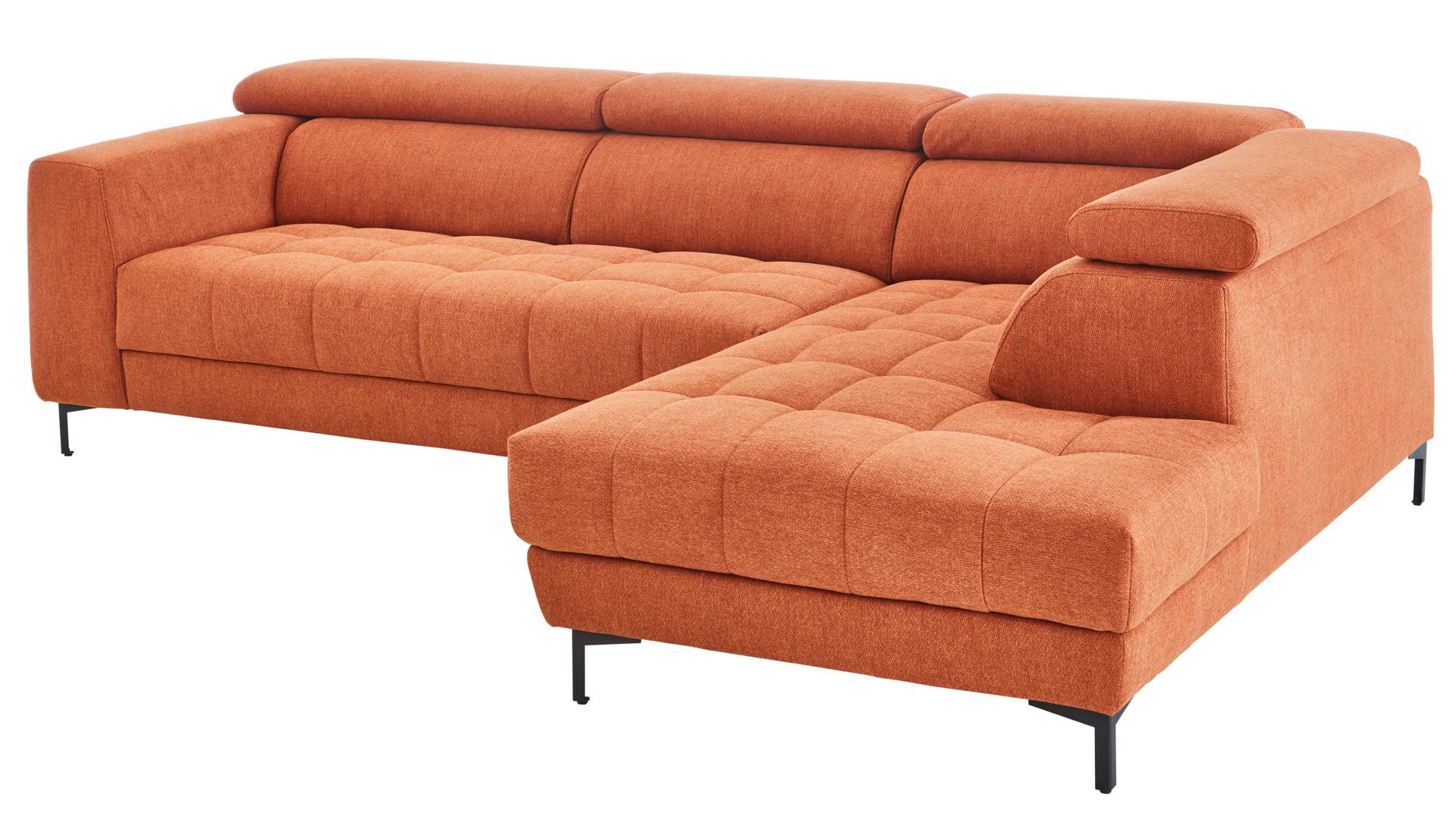 Ecksofa KAWOO aus Stoff in Orange KAWOO Serie 7567 - Ecksofa Signal-oranger Strukturstoff TCM 727 & schwarze Metallfüße S17 - ca. 293 x 201 cm