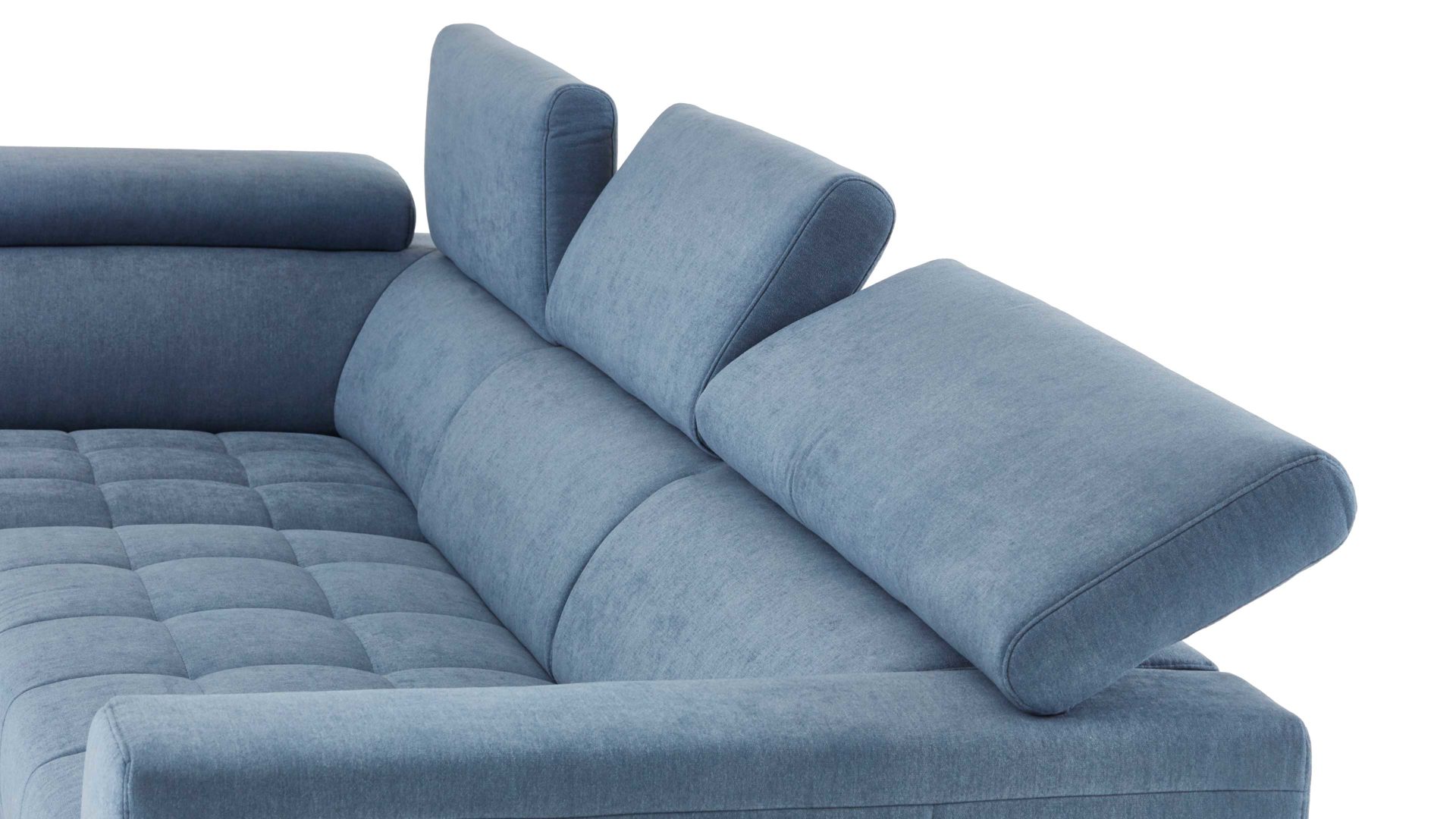 Ecksofa KAWOO aus Stoff in Blau KAWOO Serie 7567 - Ecksofa taubenblauer Bezug EQE 16 & Chromfuß C17 - Stellfläche ca. 201 x 293 cm
