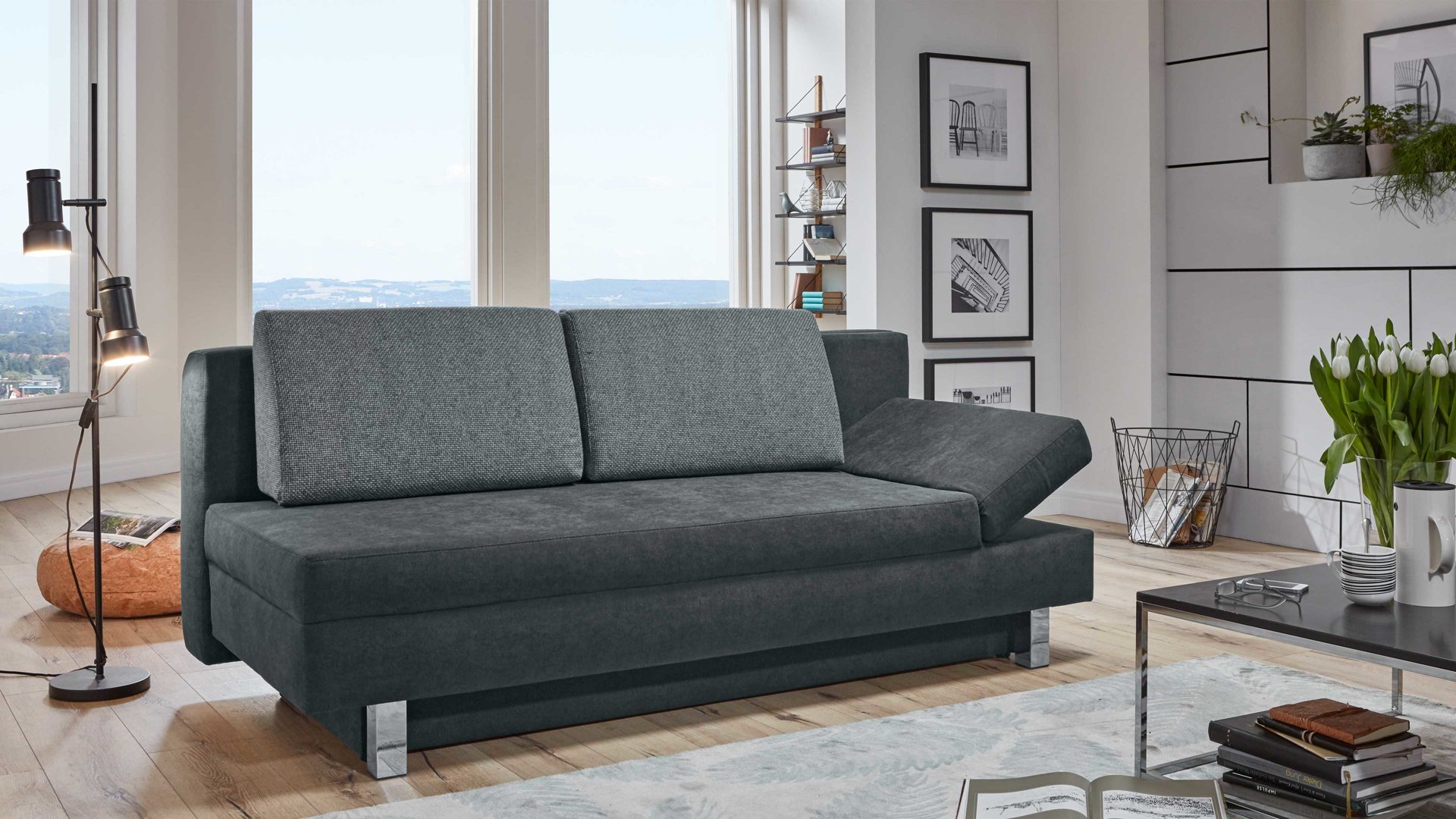 Schlafsofa Restyl aus Stoff in Schwarz Schlafsofa Tino schwarzer Bezug 55-6323 & chromfarbene Metallüße