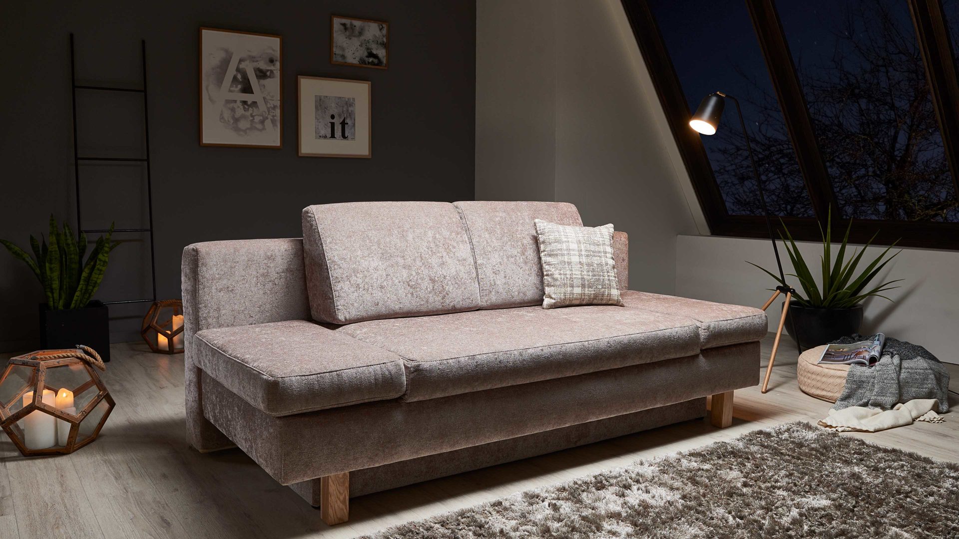 Schlafsofa Restyl aus Stoff in Beige Schlafsofa Tino beiger Bezug 2-6799 & Buchenholzfüße