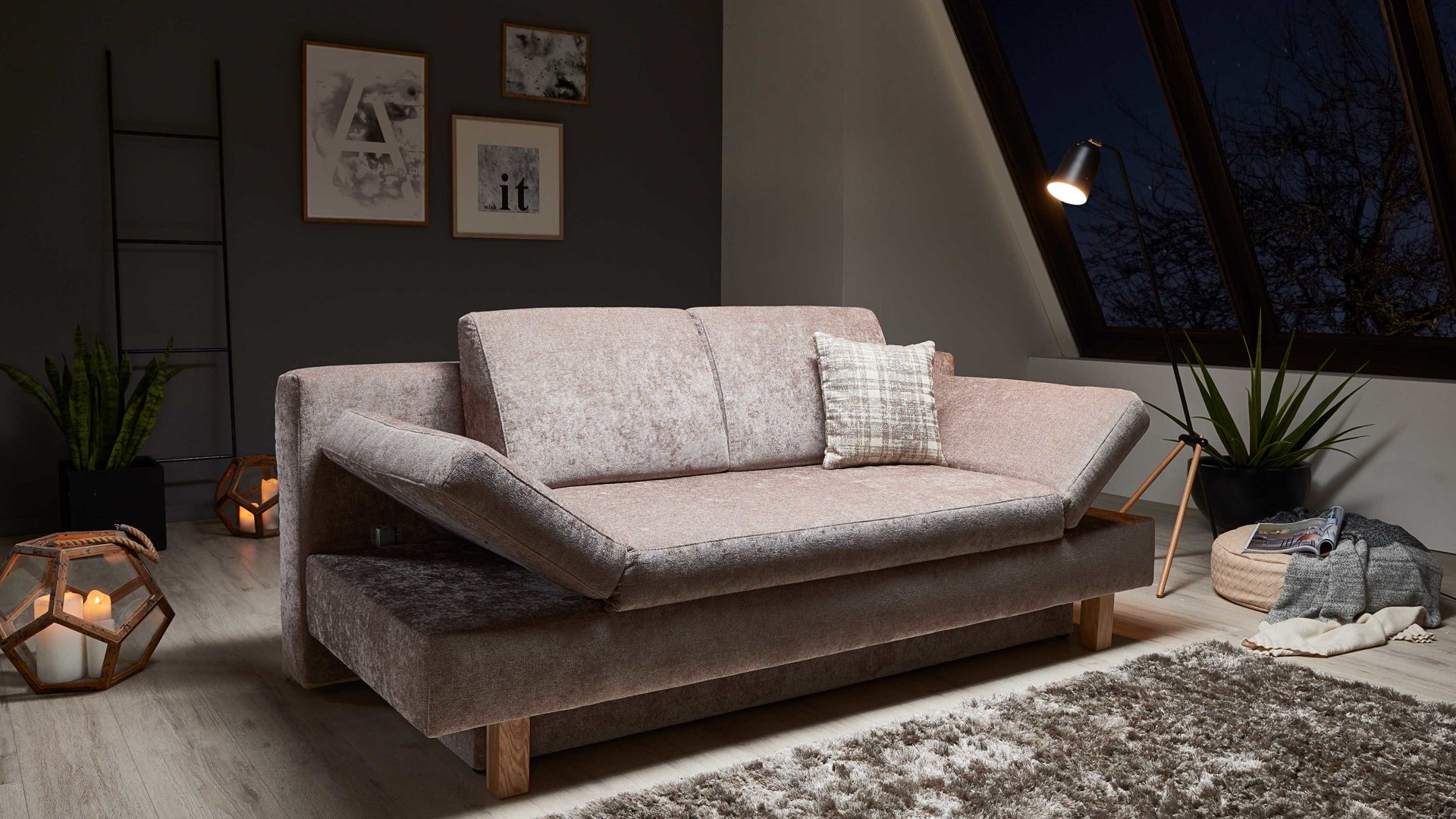 Schlafsofa Restyl aus Stoff in Beige Schlafsofa Tino beiger Bezug 2-6799 & Buchenholzfüße