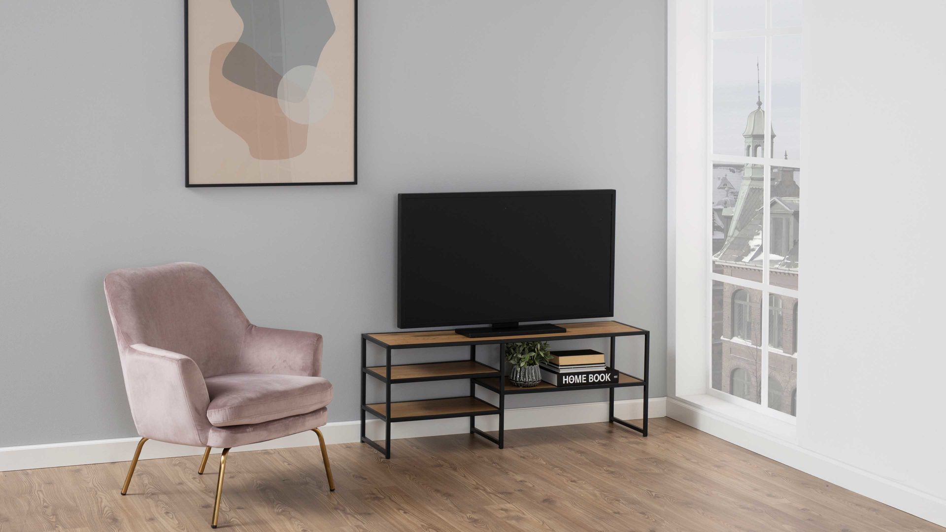 Medienmöbel Actona group aus Holz in Holzfarben Medienregal Seaford im Industrielook als TV-Tisch Wildeiche & Schwarz – Länge ca. 120 cm