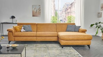 Ecksofa Steinpol polsteria aus Stoff in Hellbraun Polsterprogramm Relaxa 6.0 Plus PSG XC - Ecksofa ockerfarbene Mikrofaser Ares - Stellfläche ca. 323 x 170 cm