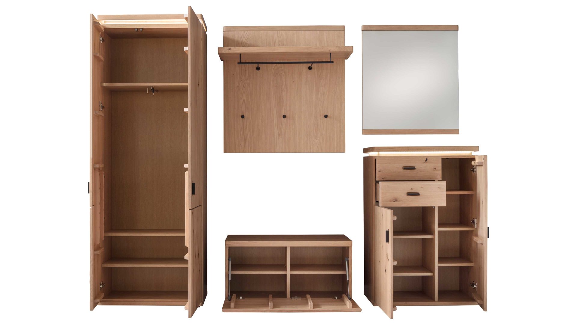 Garderoben-Set Mca furniture aus Holz in Holzfarben Garderobenprogramm Barcelona - Kombination 1 geölte Wildeiche – fünfteilig, Breite ca. 260 cm