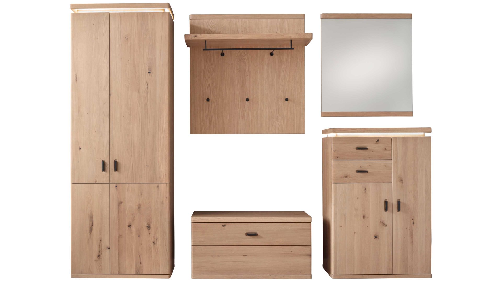 Garderoben-Set Mca furniture aus Holz in Holzfarben Garderobenprogramm Barcelona - Kombination 1 geölte Wildeiche – fünfteilig, Breite ca. 260 cm