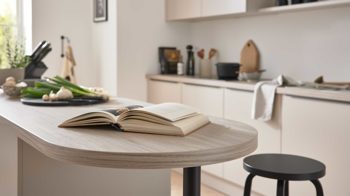 Einbauküche WERT KÜCHE® aus Holz in Hellgrau WERT KÜCHE® Nora mit Constructa Einbaugeräten Sandgrau & Esche nordic – zweizeilig