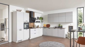 Einbauküche culineo® aus Holz in Hellgrau Culineo® Einbauküche C317 mit beko Einbaugeräten Steingrau & Eiche Sierra - Stellfläche ca. 365 x 363 cm