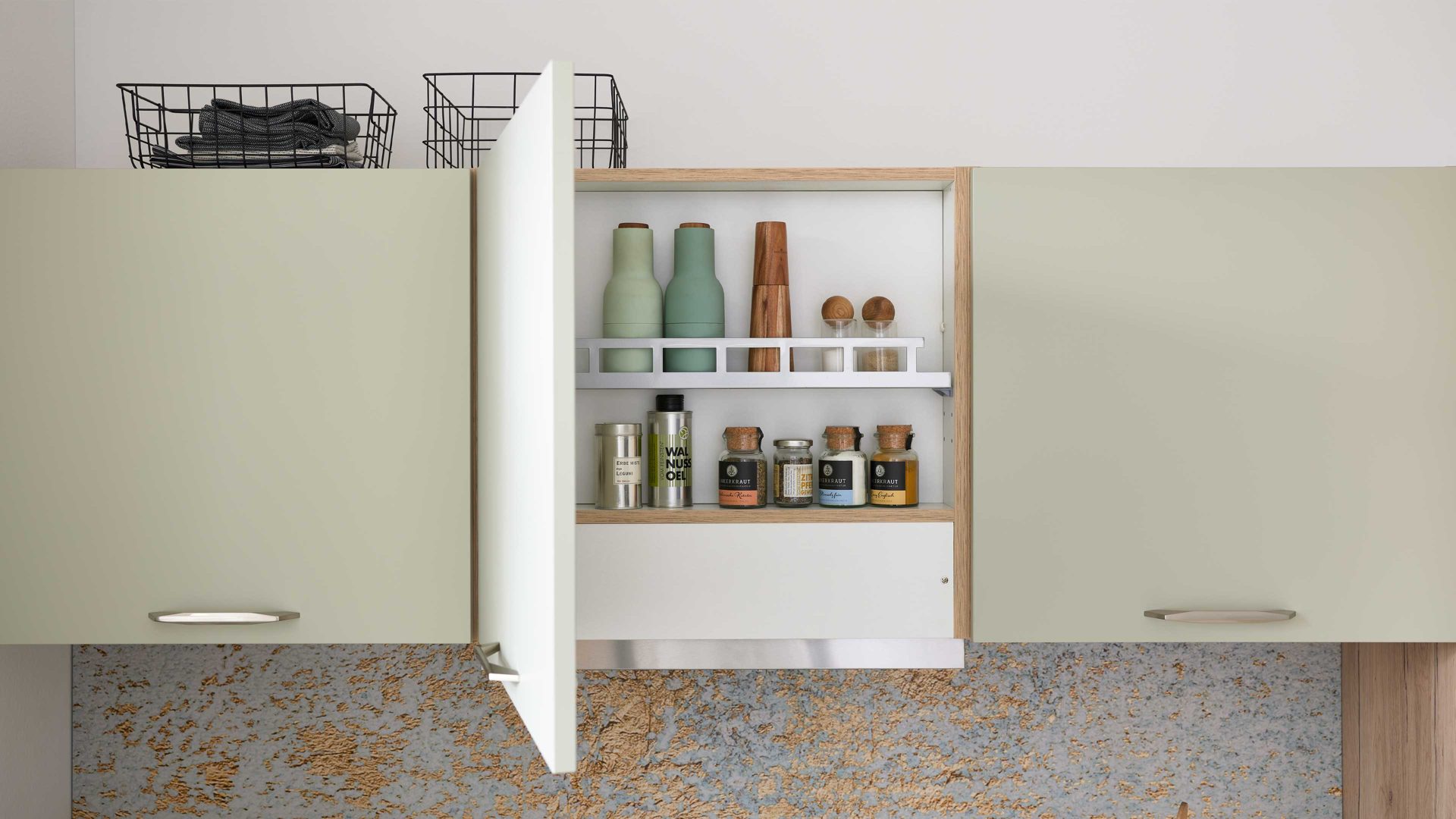 Einbauküche culineo® aus Holz in Hellgrün Culineo® Einbauküche C357 mit beko Einbaugeräten Jade & Eiche San Remo - Stellfläche ca. 305 x 310 cm