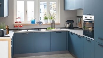 Einbauküche culineo® aus Holz in Blau Culineo® Einbauküche C945 mit privileg Einbaugeräten Fjordblau - Stellfläche ca. 310 x 305 cm