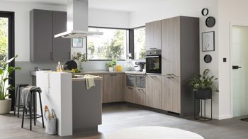 Einbauküche culineo® aus Holz in Holzfarben Culineo® Einbauküche C371 mit PROGRESS Einbaugeräten Eiche Bergamo & Schiefergrau - Stellfläche ca. 275 x 305 cm