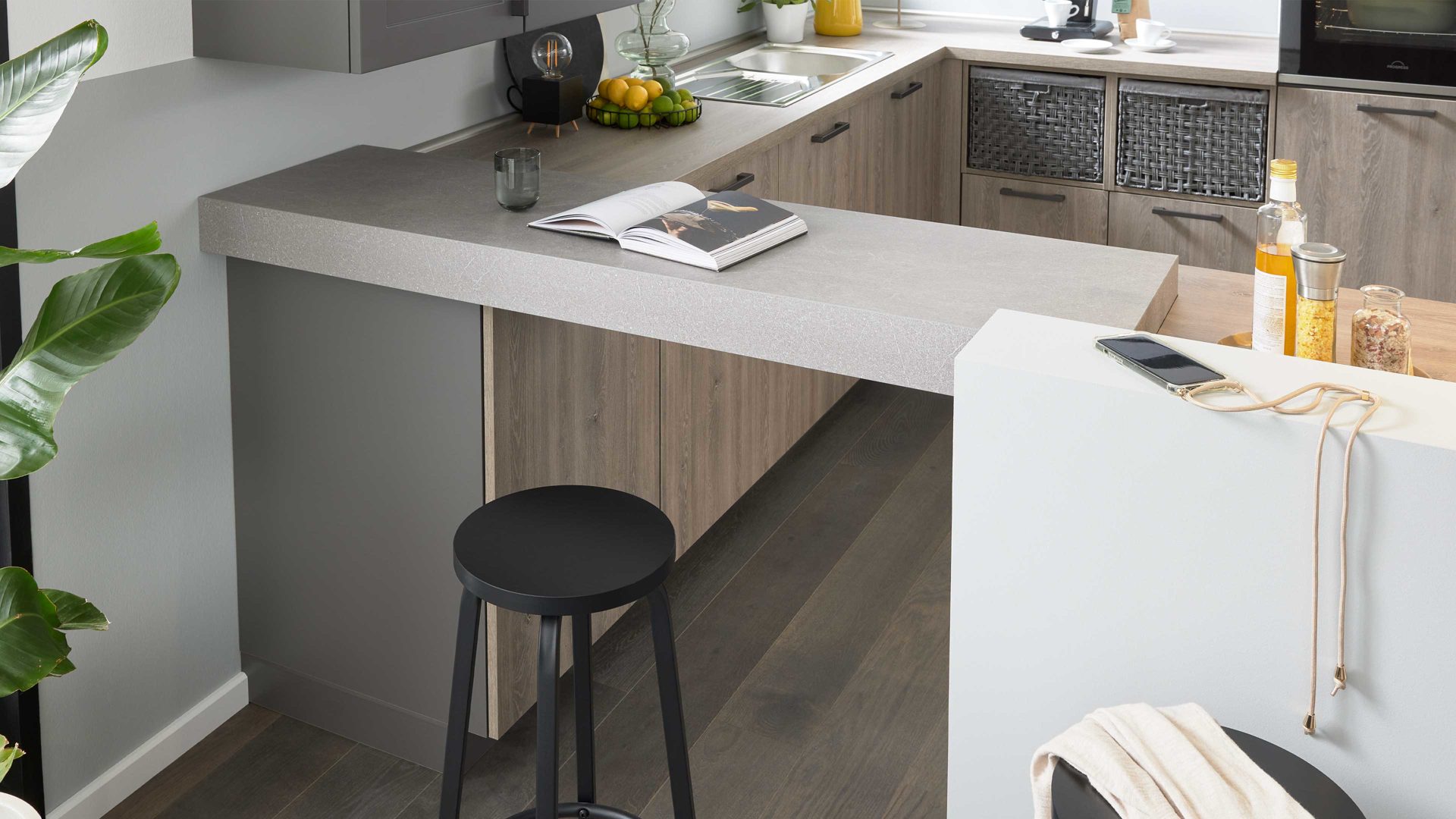 Einbauküche culineo® aus Holz in Holzfarben Culineo® Einbauküche C371 mit PROGRESS Einbaugeräten Eiche Bergamo & Schiefergrau - Stellfläche ca. 275 x 305 cm