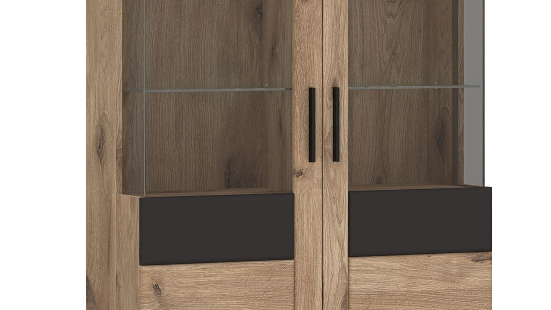 Vitrine Wojcik aus Holz in Eiche Hell Wohnprogramm Grano - Vitrine Viking Eiche & Kosmos Grau - zweitürig, Höhe ca. 195 cm