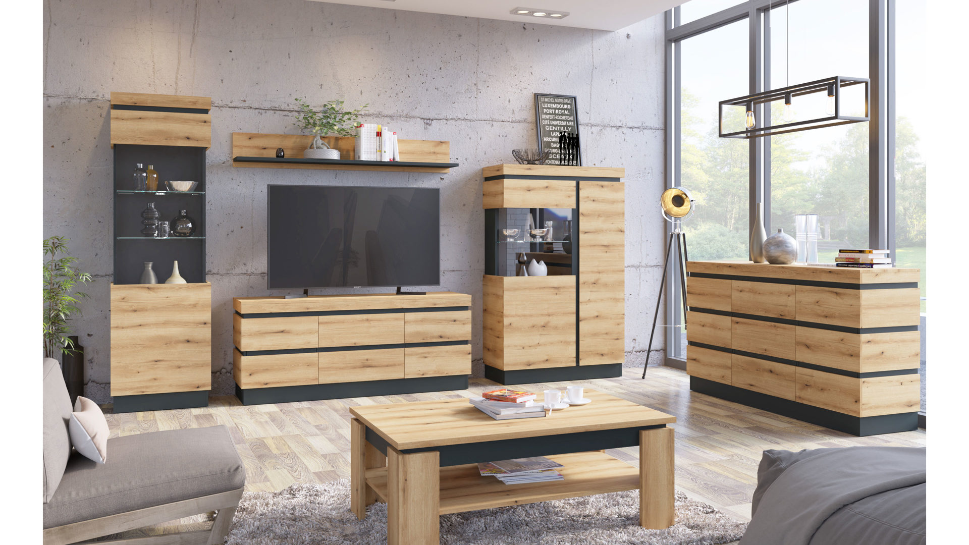 Couchtisch Wojcik aus Holz in Eiche Hell Wohnprogramm Corte - Couchtisch Coast Evoke Eiche & Kosmos Grau - ca. 110 x 67 cm