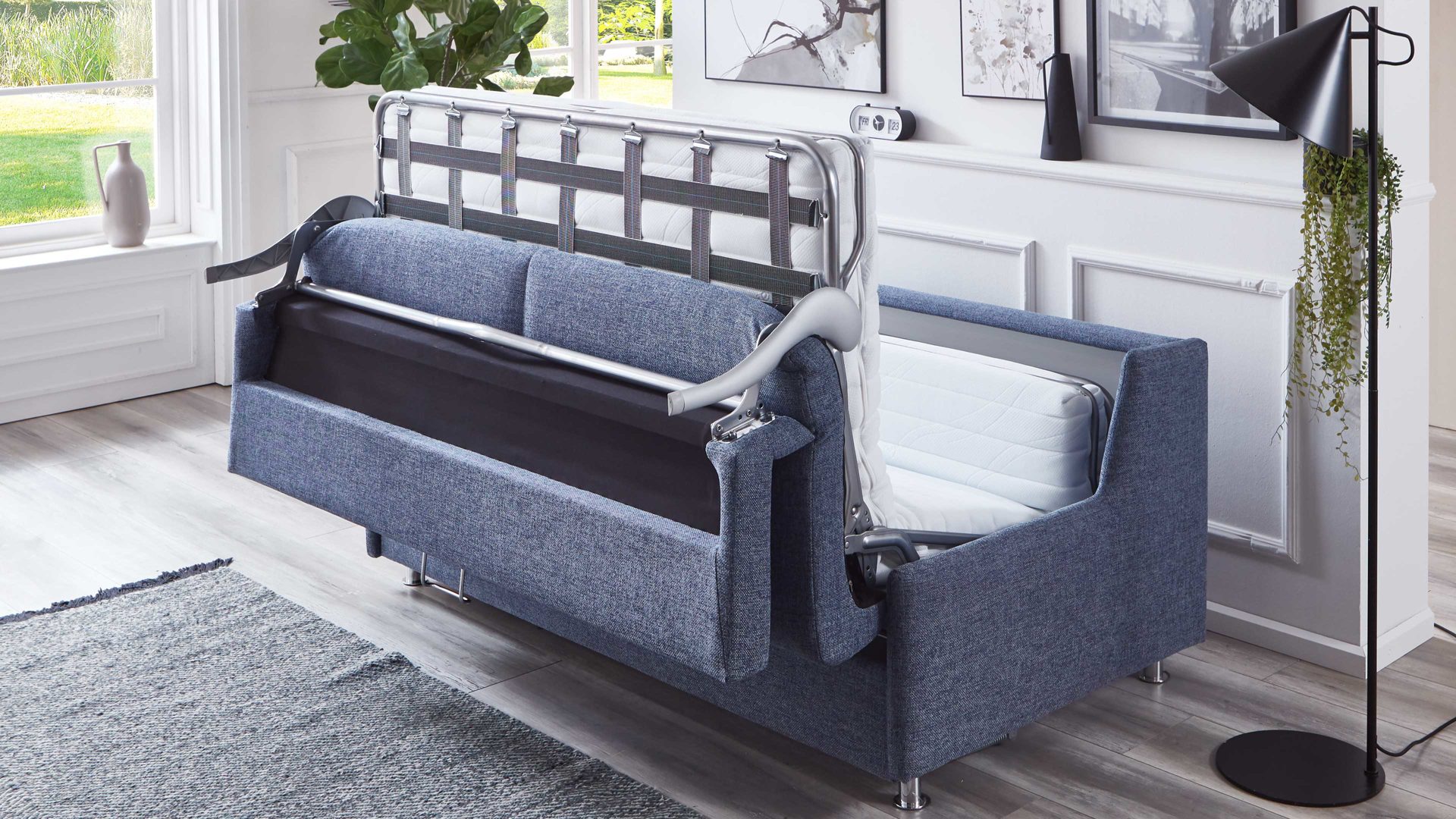 Schlafsofa Bali aus Stoff in Blau Schlafsofa Grande graublauer Bezug 3013 & chromfarbene Füße - Breite ca. 175 cm