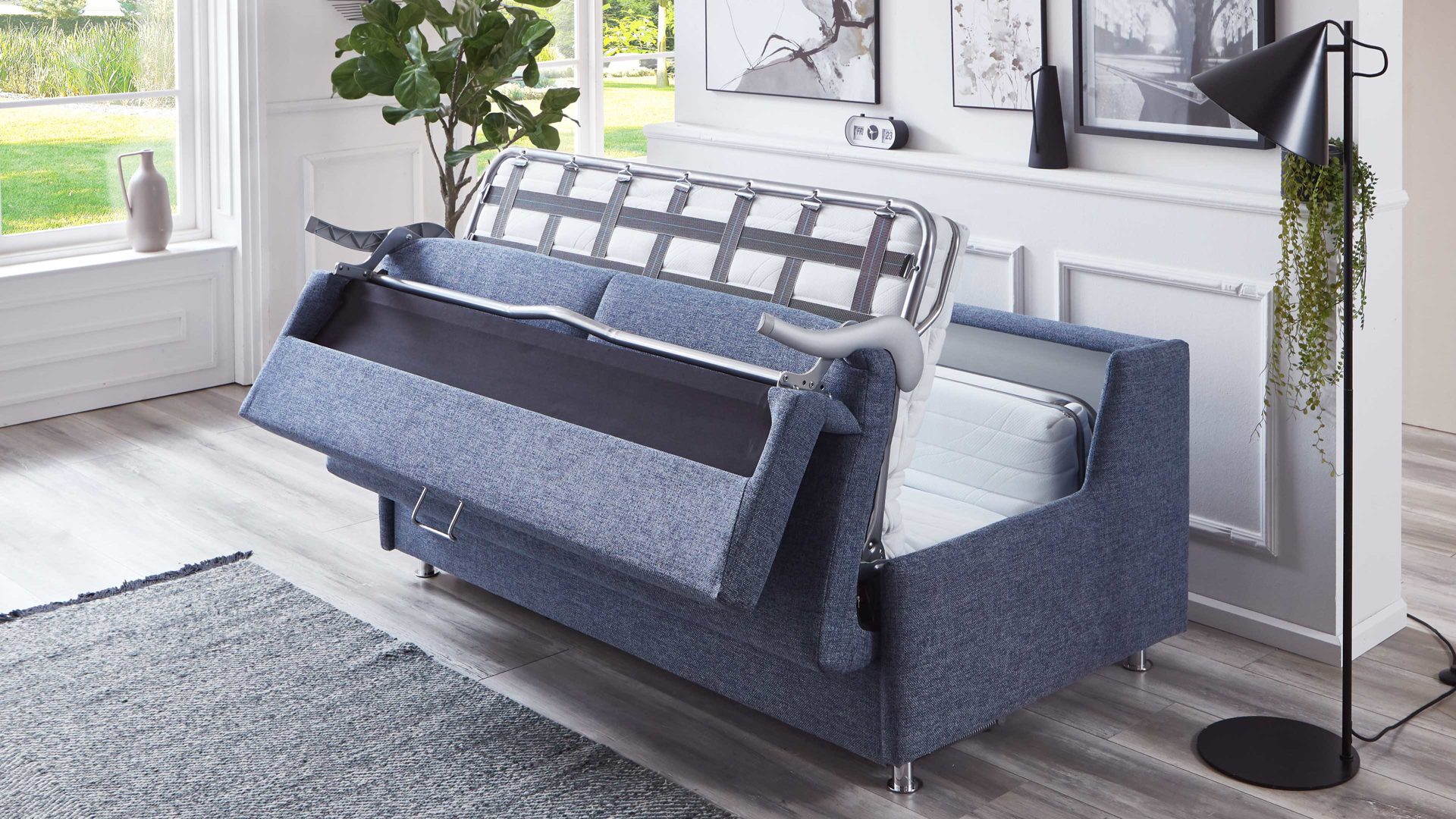 Schlafsofa Bali aus Stoff in Blau Schlafsofa Grande graublauer Bezug 3013 & chromfarbene Füße - Breite ca. 175 cm