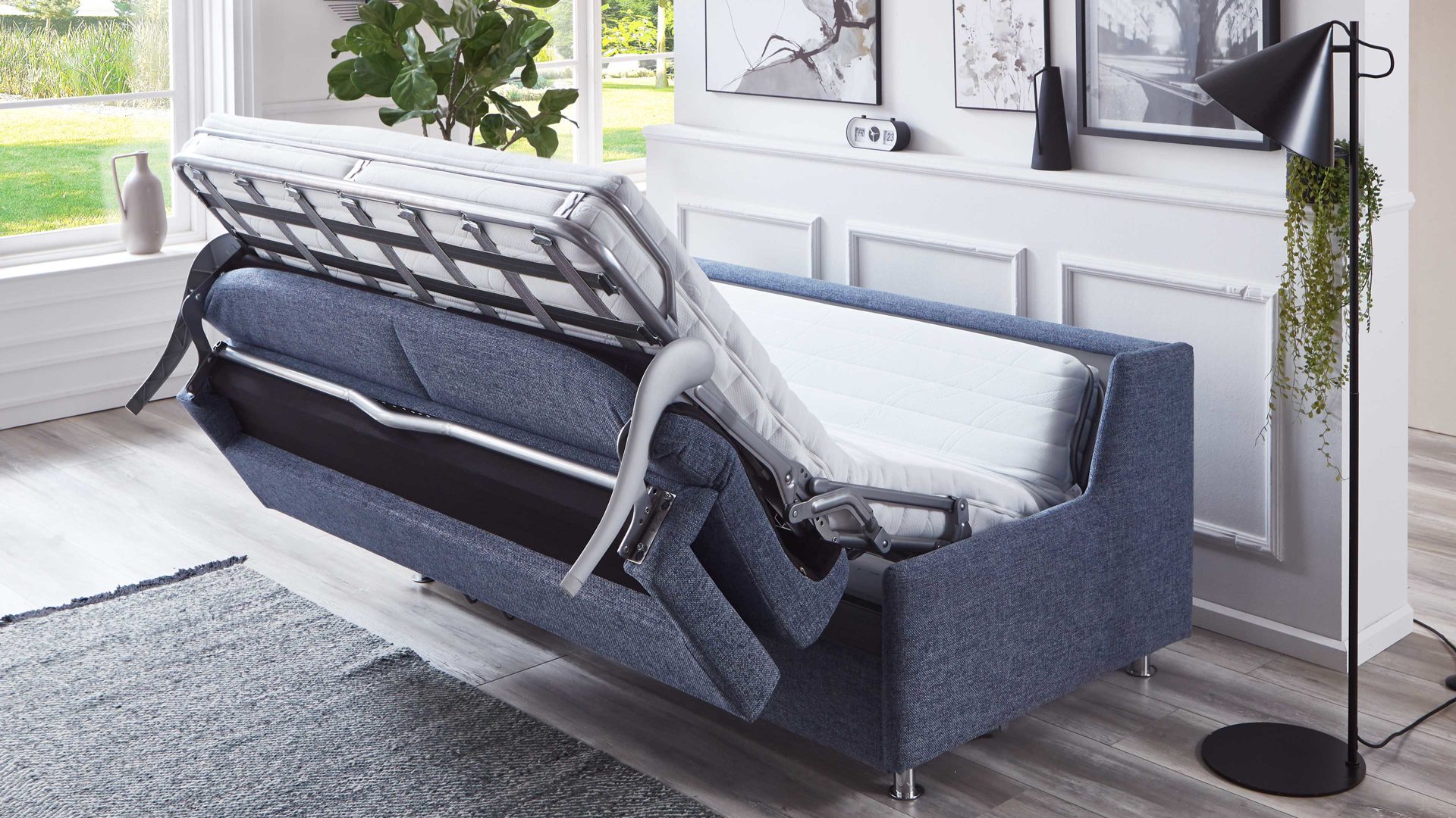 Schlafsofa Bali aus Stoff in Blau Schlafsofa Grande graublauer Bezug 3013 & chromfarbene Füße - Breite ca. 175 cm