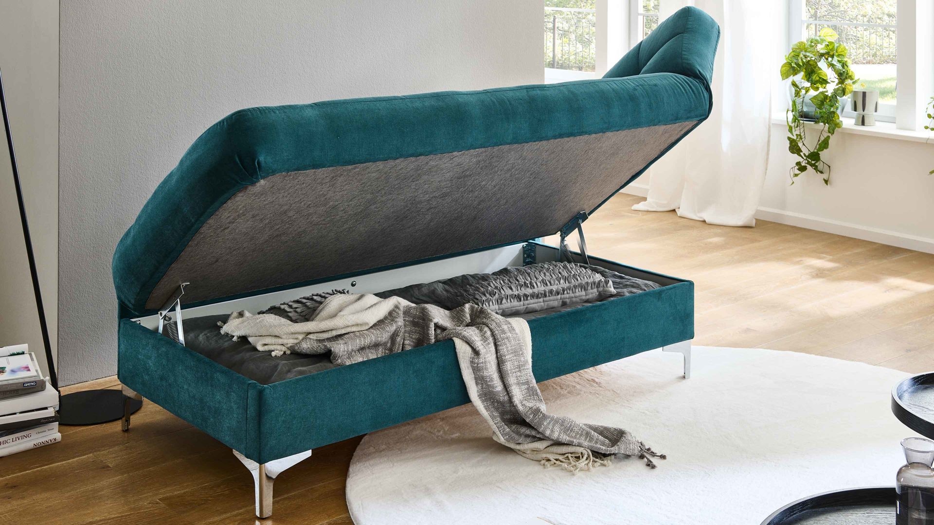 Schlafsofa Nehl aus Stoff in Blau Schlafsofa Greta smaragdfarbener Bezug Austin - Liegefläche ca. 80 x 200 cm