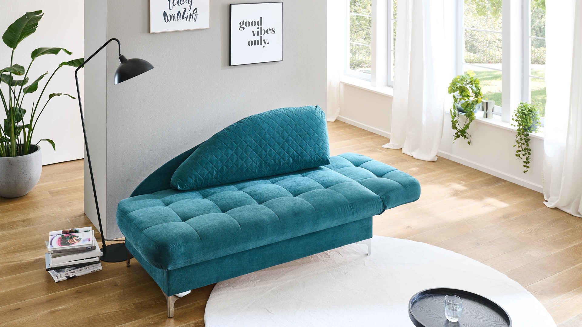 Schlafsofa Nehl aus Stoff in Blau Schlafsofa Greta smaragdfarbener Bezug Austin - Liegefläche ca. 80 x 200 cm