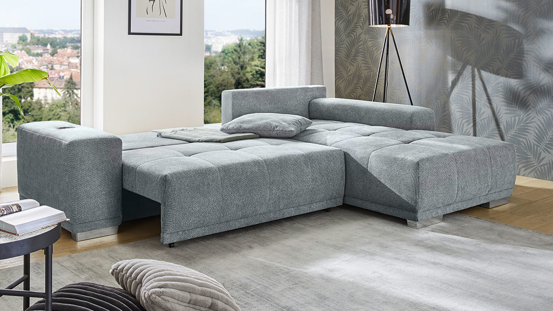 Ecksofa Job aus Stoff in Grau Funktions-Ecksofa Luciano mittelgrauer Strukturstoff 430.09 – Stellfläche ca. 282 x 204 cm