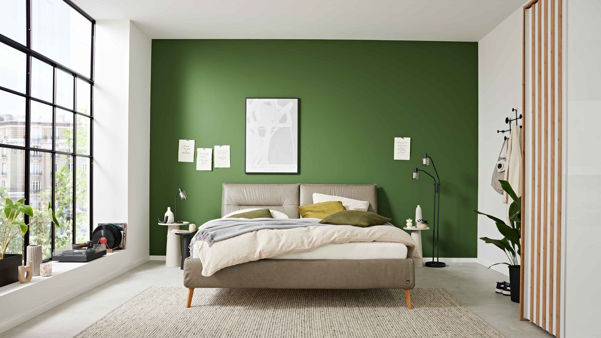 Bettgestell Interliving aus Stoff in Grau Interliving Polsterbett Serie 1417 - Polsterbettgestell fangofarbenes Leder Vicenzia & Eichenholzfüße 286 - Liegefläche ca. 180 x 200 cm