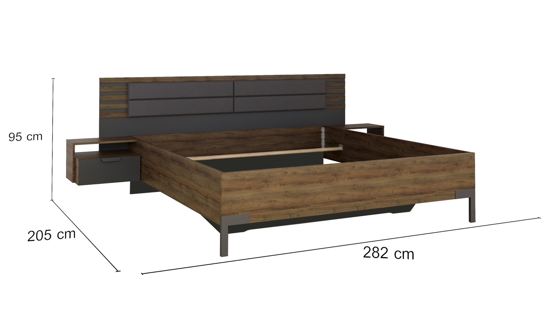 Bettgestell Rauch aus Holz in Holzfarben Dunkel rauch ORANGE Barea Bettanlage mit zwei Hängenachttischen Grau-Metallic & Atlantic Oak - Liegefläche ca. 180 x 200 cm