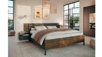 Bettgestell Rauch aus Holz in Holzfarben Dunkel rauch ORANGE Barea Bettanlage mit zwei Hängenachttischen Grau-Metallic & Atlantic Oak - Liegefläche ca. 180 x 200 cm