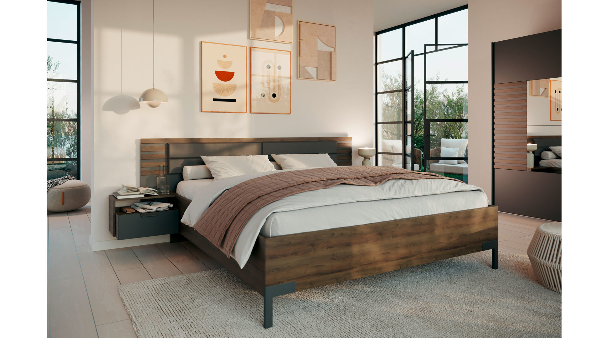 Bettgestell Rauch aus Holz in Holzfarben Dunkel rauch ORANGE Barea Bettanlage mit zwei Hängenachttischen Grau-Metallic & Atlantic Oak - Liegefläche ca. 180 x 200 cm