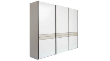 Kleiderschrank Interliving aus Holz in Hellgrau Interliving Schlafzimmer Serie 1032 – Schwebetürenschrank Kieselgrau & Weiß - drei Türen, Breite ca. 300 cm
