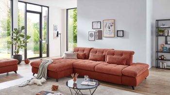 Ecksofa KAWOO aus Stoff in Orange KAWOO Polstermöbel Santa Rosa - Ecksofa kupferfarbene Bezüge Lincoln & Miranda, schwarze Metallfüße - Stellfläche ca.  199 x 307 cm