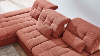 Ecksofa KAWOO aus Stoff in Orange KAWOO Polstermöbel Santa Rosa - Ecksofa kupferfarbene Bezüge Lincoln & Miranda, schwarze Metallfüße - Stellfläche ca.  199 x 307 cm