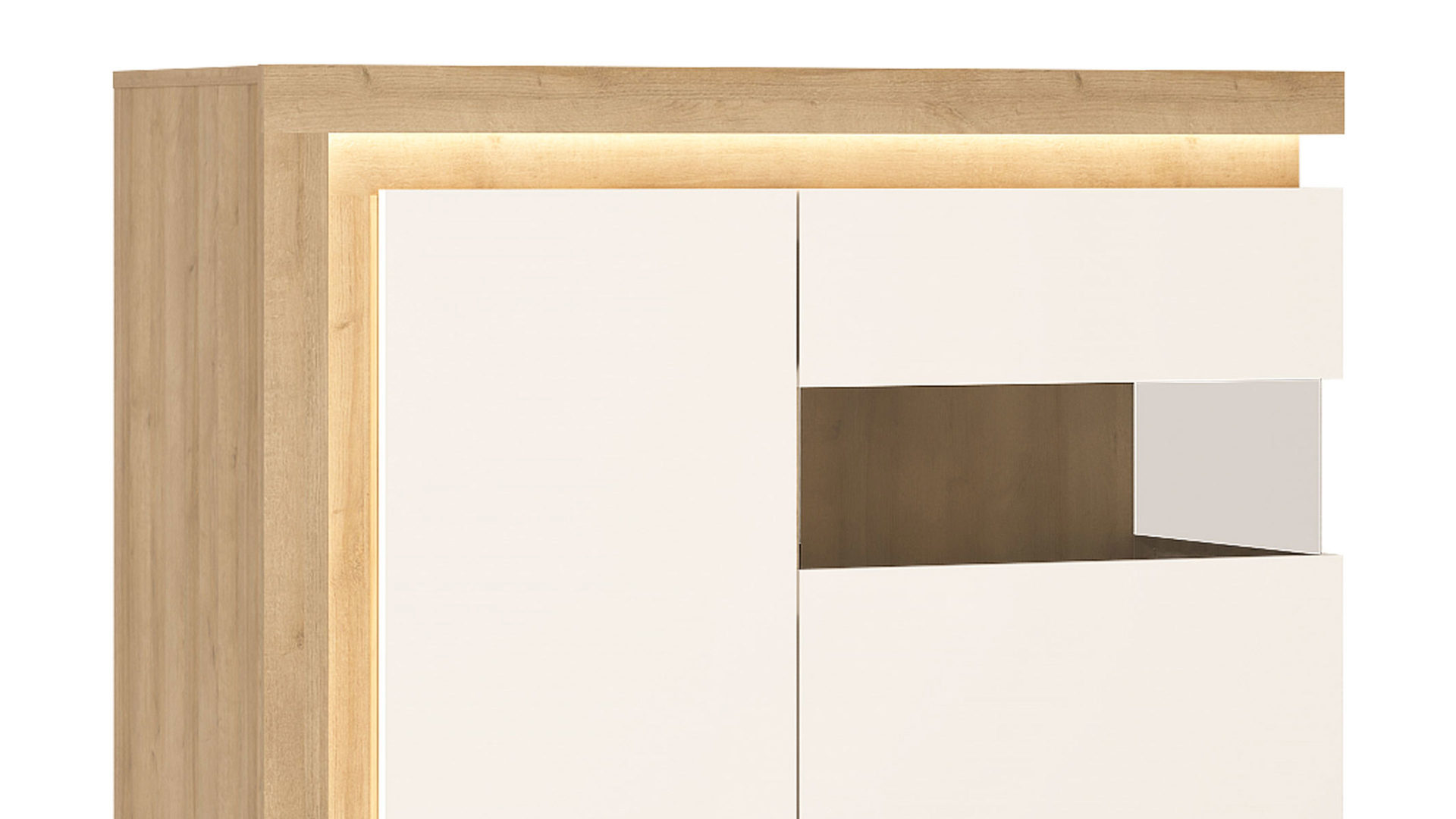 Vitrine Wojcik aus Holz in Weiß Wohnprogramm Lyon - Vitrine Weiß & Riviera Eiche - zweitürig, Höhe ca. 124 cm
