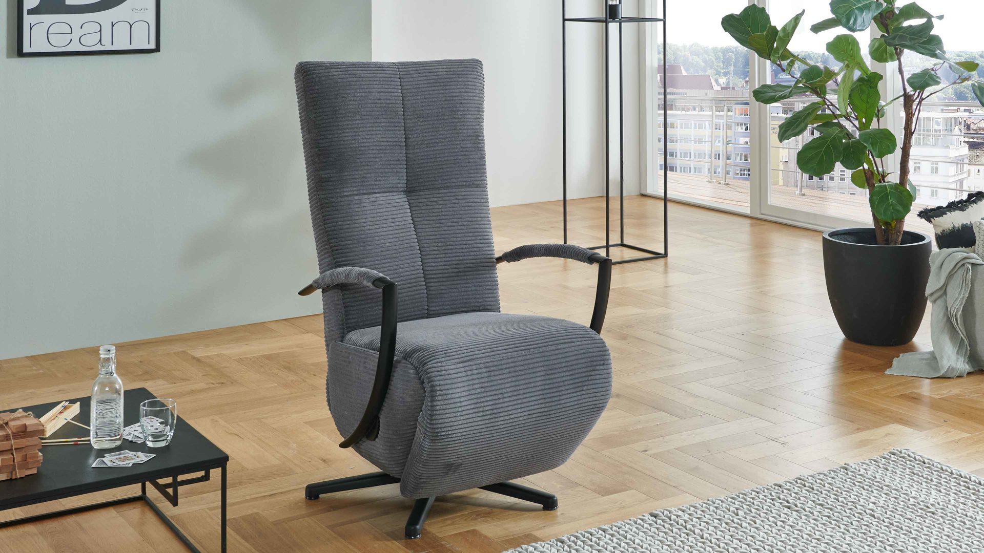 Relaxsessel KAWOO aus Stoff in Grau KAWOO Polsterprogramm Dover Plus - Relaxsessel grauer Breitcord Lincoln & schwarzer Sternfuß