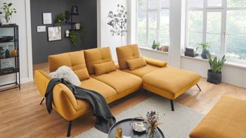 Ecksofa KAWOO aus Stoff in Gelb KAWOO Polsterprogramm Dover Plus - Ecksofa senffarbener Bezug Portofino & goldfarbene Maschenware Riviera - Stellfläche ca. 301 x 191 cm