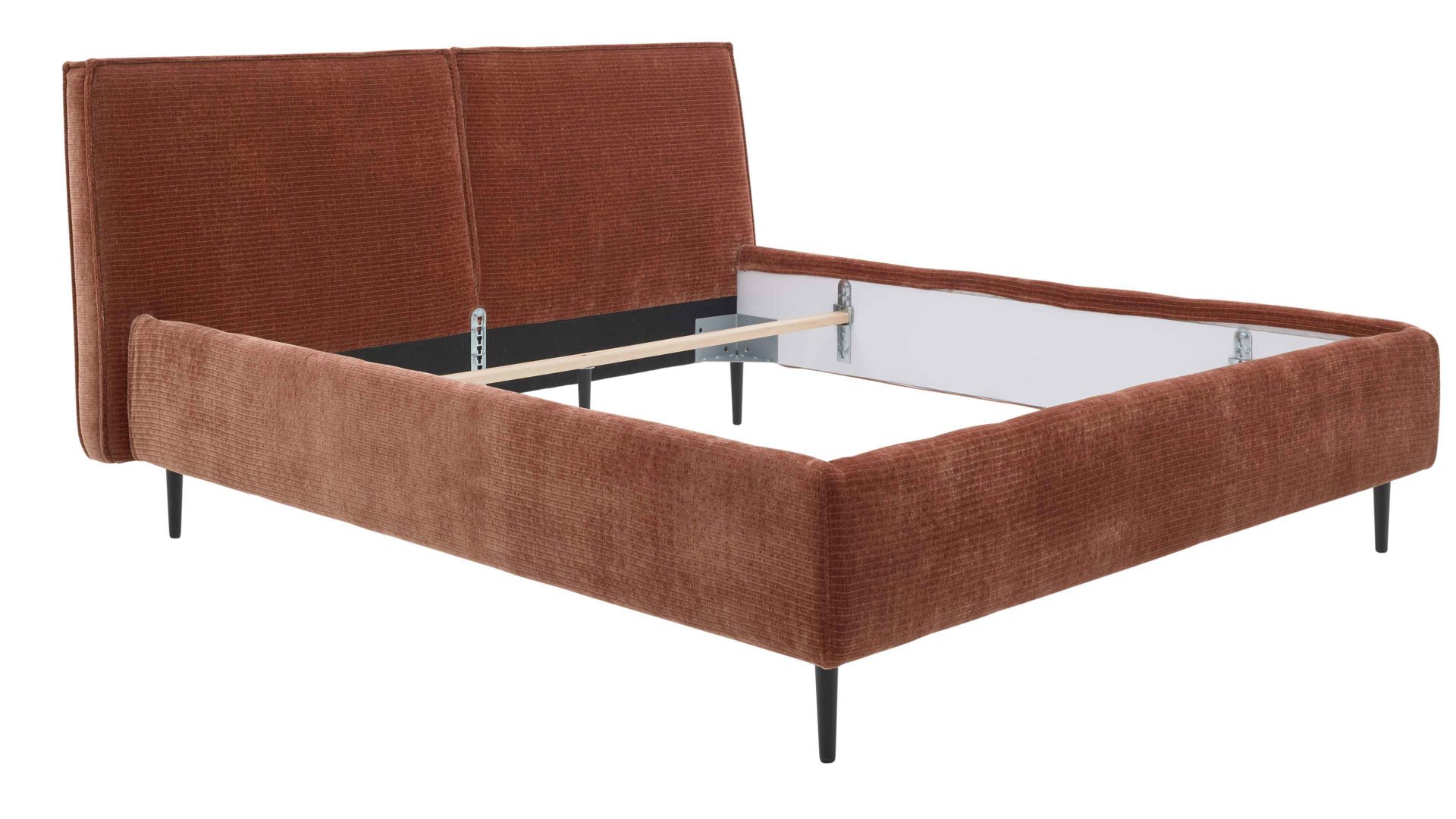 Bettgestell Interliving aus Stoff in Orange Interliving Polsterbett Serie 1417 - Polsterbettgestell rostfarbener Bezug Monty & schwarze Metallfüße 363 - Liegefläche ca. 180 x 200 cm