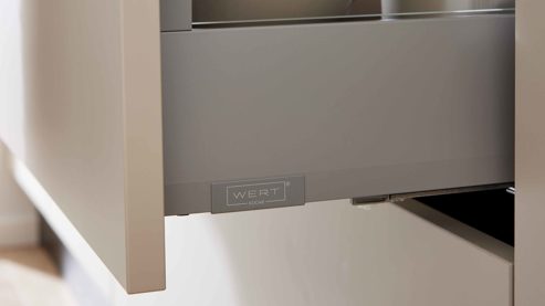 Einbauküche WERT KÜCHE® aus Holz in Hellgrau WERT KÜCHE® Mattea mit Side by Side Kühl-Gefrierkombi Kieselgrau & Wildeiche - zweiteilig