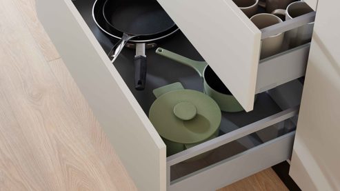 Einbauküche WERT KÜCHE® aus Holz in Hellgrau WERT KÜCHE® Mattea mit Side by Side Kühl-Gefrierkombi Kieselgrau & Wildeiche - zweiteilig