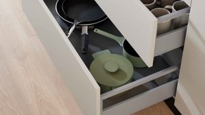 Einbauküche WERT KÜCHE® aus Holz in Hellgrau WERT KÜCHE® Mattea mit Side by Side Kühl-Gefrierkombi Kieselgrau & Wildeiche - zweiteilig