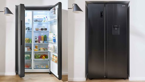 Einbauküche WERT KÜCHE® aus Holz in Grau WERT KÜCHE® Mattea mit Side by Side Kühl-Gefrierkombi Kieselgrau & Wildeiche - zweizeilig