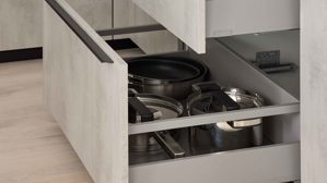 Einbauküche WERT KÜCHE® aus Holz in Grau WERT KÜCHE® Ella mit Miele Einbaugeräten quarzgrauer Beton - zweizeilig