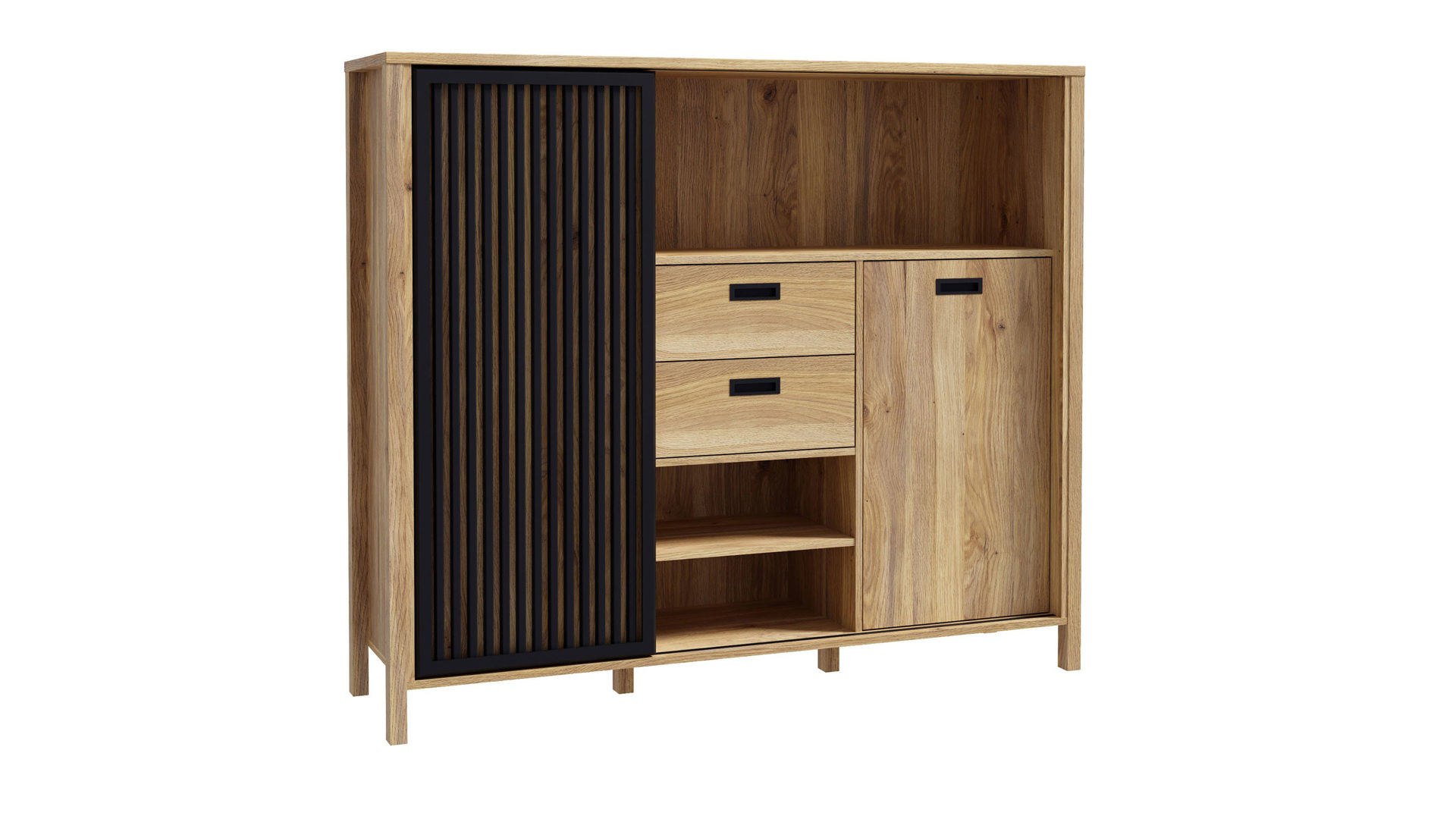 Highboard Forte® aus Holz in Holzfarben Wohnprogramm Jytana  - Highboard Mauvella Eiche & Schwarz – ca. 150 x 130 cm