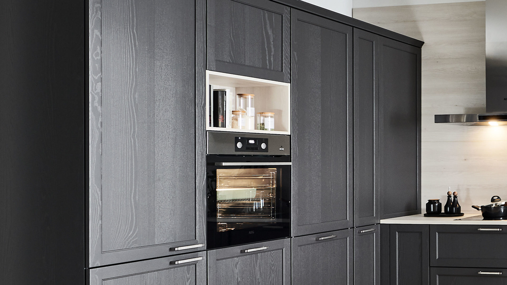 Einbauküche Nolte® küchen aus Holz in Dunkelgrau nolte® Einbauküche Lugano mit AEG Einbaugeräten Graphit & Kiruna Birke – Stellfläche ca. 270 x 365 cm