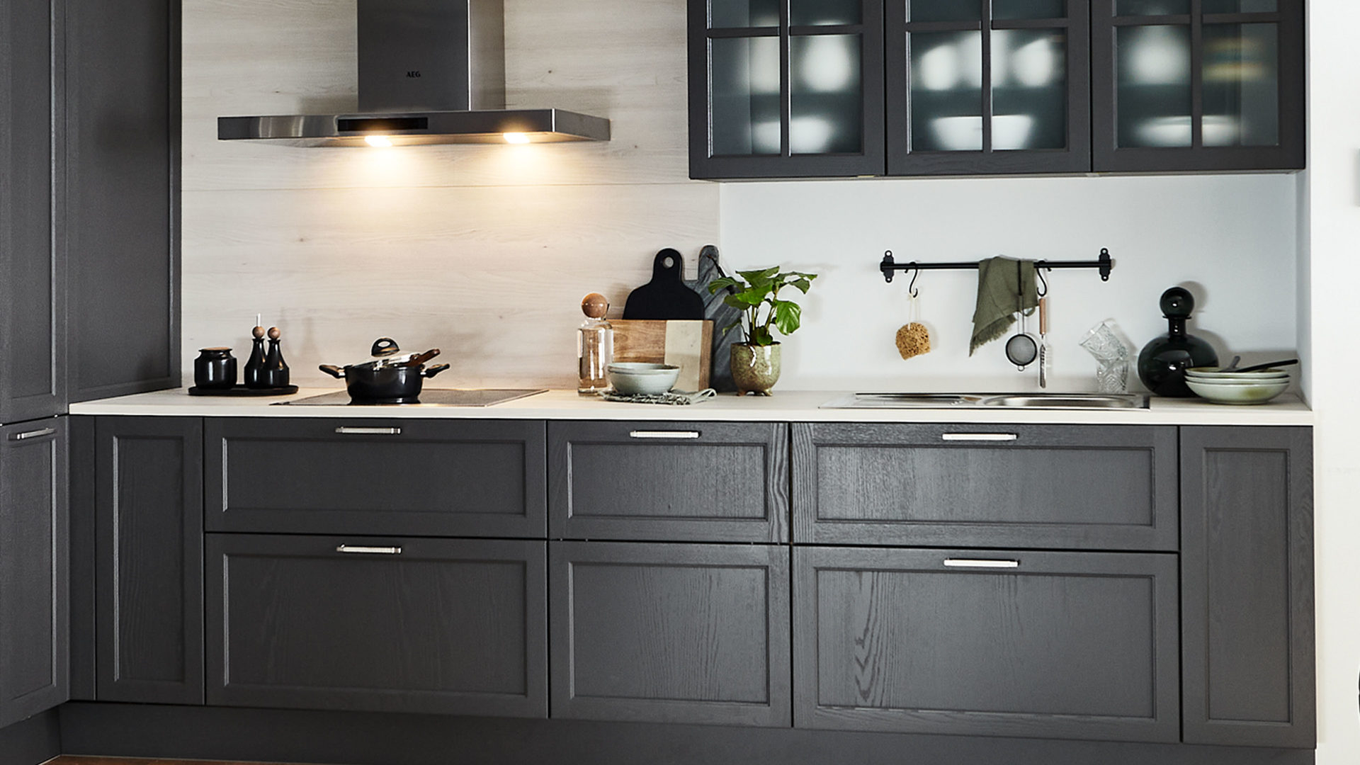 Einbauküche Nolte® küchen aus Holz in Dunkelgrau nolte® Einbauküche Lugano mit AEG Einbaugeräten Graphit & Kiruna Birke – Stellfläche ca. 270 x 365 cm