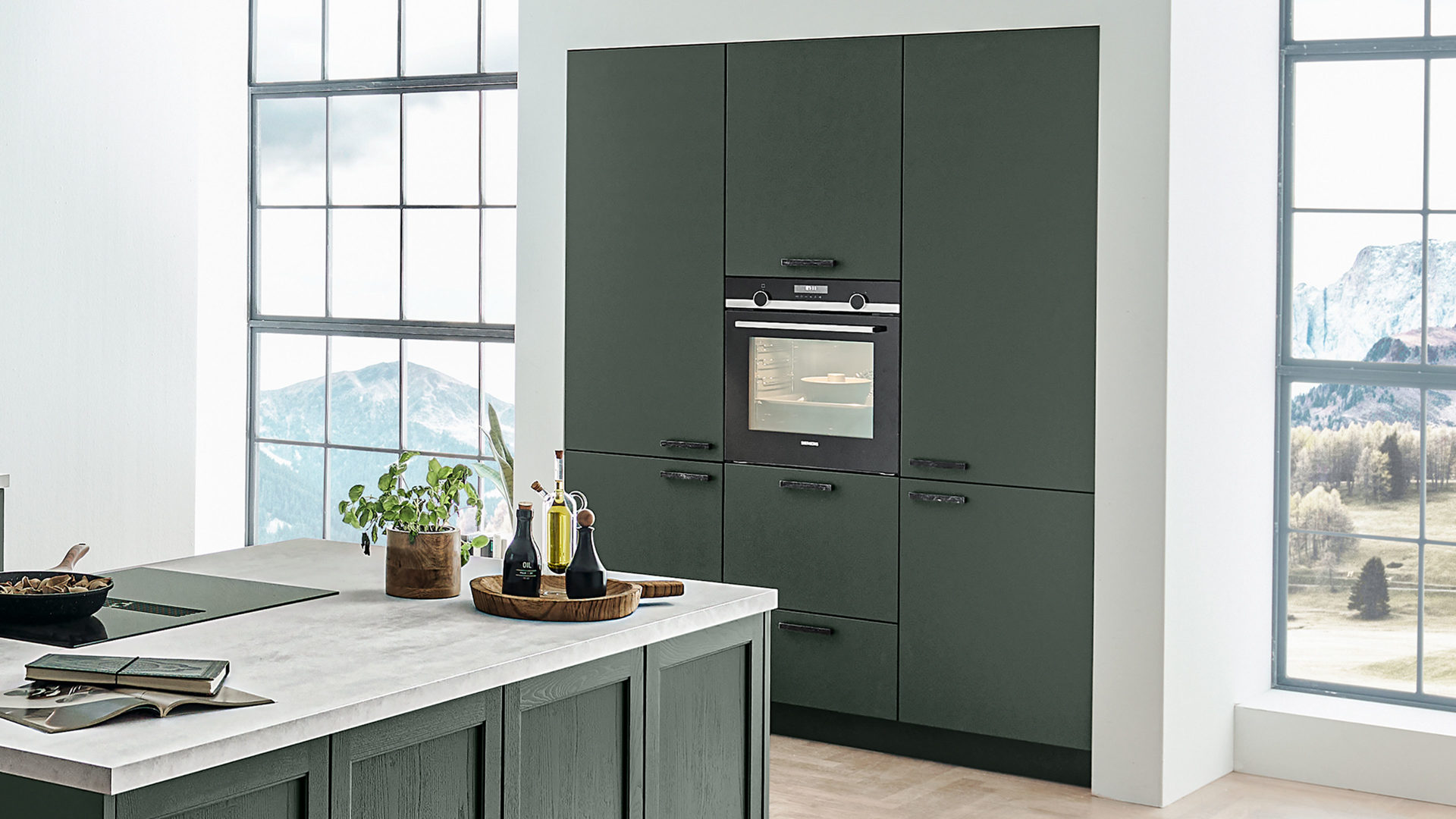 Einbauküche Nolte® küchen aus Holz in Dunkelgrün nolte® Einbauküche Lugano mit SIEMENS Einbaugeräten Black Green – dreizeilig