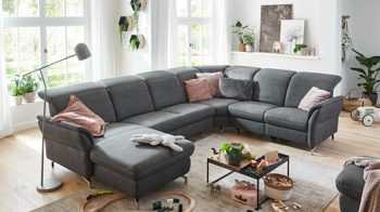 Ecksofa Steinpol polsteria aus Stoff in Dunkelgrau Polstermöbel Serie Senturo System - Wohnlandschaft dunkgelgraue Mikrofaser Atlantic - Stellfläche ca. 338 x 251 cm