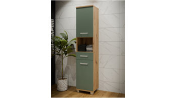 Hoch- / Seitenschrank Forte® aus Holz in Grün Badezimmerprogramm Veris - Hochschrank Salbei Grün & Artisan Eiche – ca. 40 x 186 cm