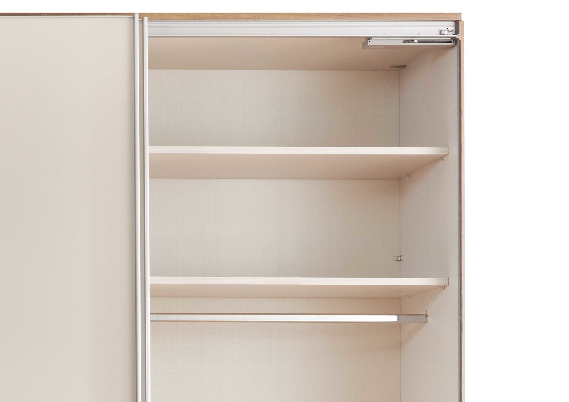 Kleiderschrank Staud aus Holz in Weiß STAUD Schwebetürenschrank Sinfonie Plus Elfenbein & Trentino Eiche – drei Türen, Breite ca. 298 cm
